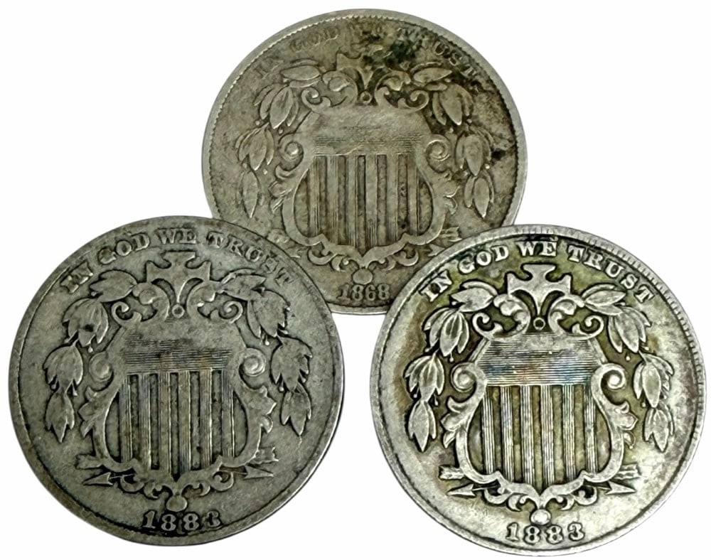1868 & (2) 1883 United States Shield Nickels: 1868 & (2) 1883 United States Shield Nickels. Better circulated conditions.