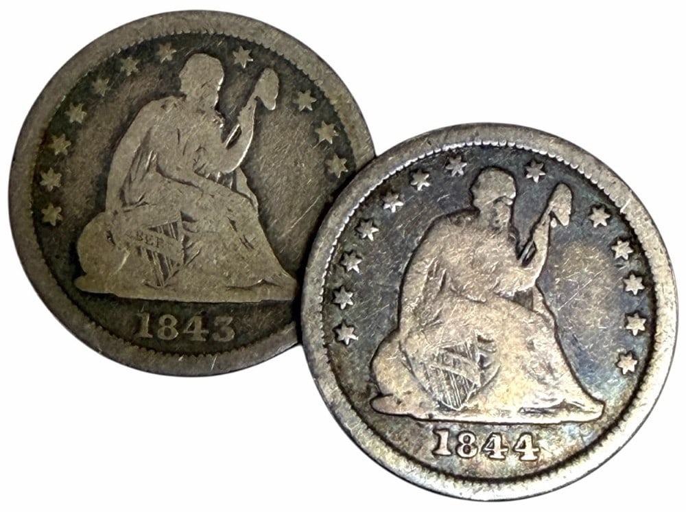 1843-O & 1844-O United States Seated Liberty Quarters: 1843-O & 1844-O United States Seated Liberty Quarters. Circulated conditions.