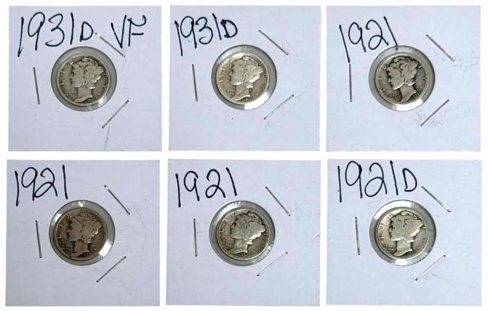 (3) 1921, 1921-D, & (2) 1931-D Key Date U.S. Silver Mercury Dimes: (3) 1921, 1921-D, & (2) 1931-D Key Date U.S. Silver Mercury Dimes. Key & semi-key date dimes in circulated condition.