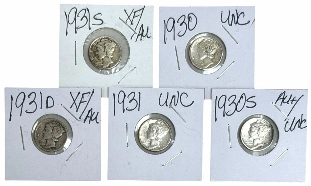 1930, 1930-S, 1931, 1931-D, & 1931-S Better Grade U.S. Silver Mercury Dimes: 1930, 1930-S, 1931, 1931-D, & 1931-S U.S. Silver Mercury Dimes. The dimes are in XF-Unc conditions.