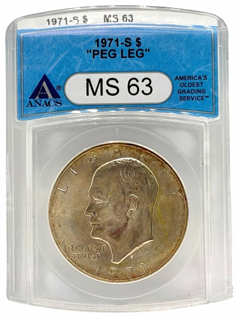 1971-S United States Eisenhower Dollar ANACS MS-63 Peg Leg: 1971-S United States Eisenhower Dollar graded MS-63 Peg Leg by ANACS.