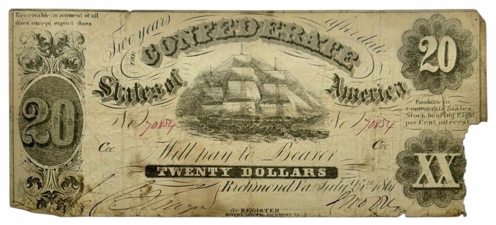 July 25th, 1861 Confederate States Of America $20 Note (1 of 4)