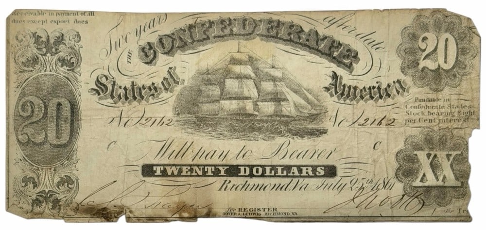 July 25th, 1861 Confederate States Of America $20 Note (1 of 4)