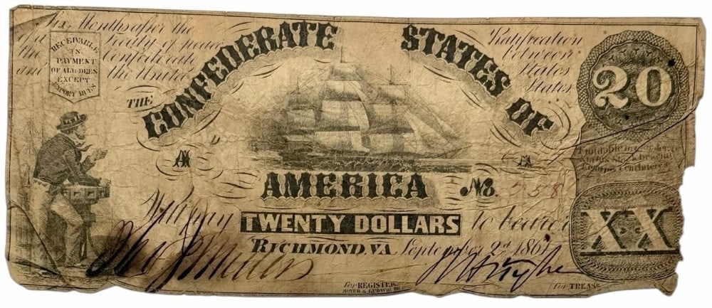 Sept. 2, 1861 Confederate States Of America $20 Note: Sept. 2, 1861 Confederate States Of America $20 Note. The note is in circulated condition with wear & paper loss. Serial No. is 258.