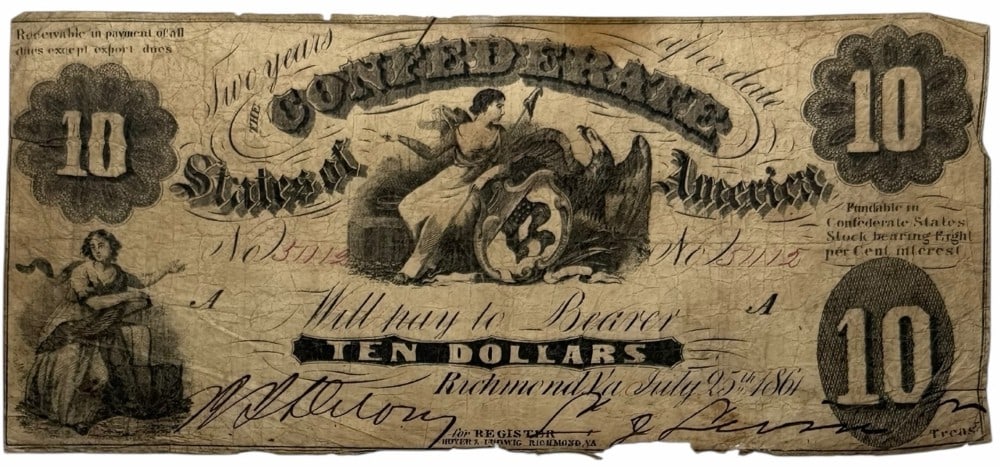 July 25th, 1861 Confederate States Of America $10 Note: July 25th, 1861 Confederate States Of America $10 Note. The note is in circulated condition with wear and paper loss. Serial No. is 51112.
