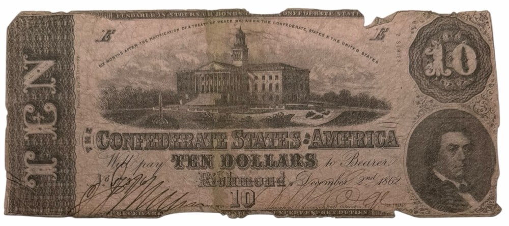 December 2nd, 1862 Confederate States Of America $10 Note: December 2nd, 1862 Confederate States Of America $10 Note. The note is in circulated condition with wear and paper loss. Serial No. is 57376.