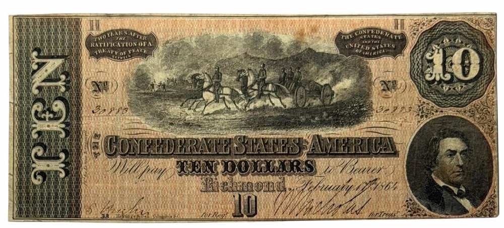 February 17th, 1864 Confederate States Of America $10 Note: February 17th, 1864 Confederate States Of America $10 Note. The note is in circulated condition with some wear. Serial No. is 30883.