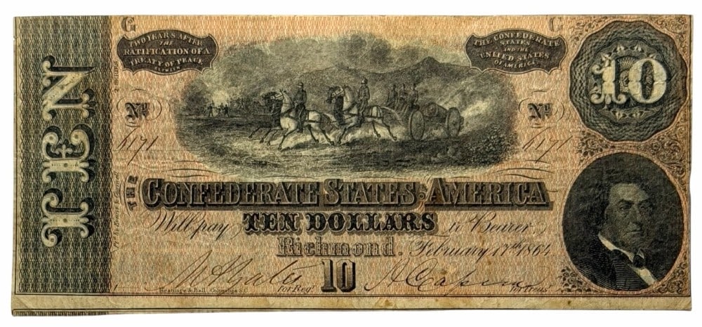 February 17th, 1864 Confederate States Of America $10 Note: February 17th, 1864 Confederate States Of America $10 Note. The note is in circulated condition with some wear. Serial No. is 11171.