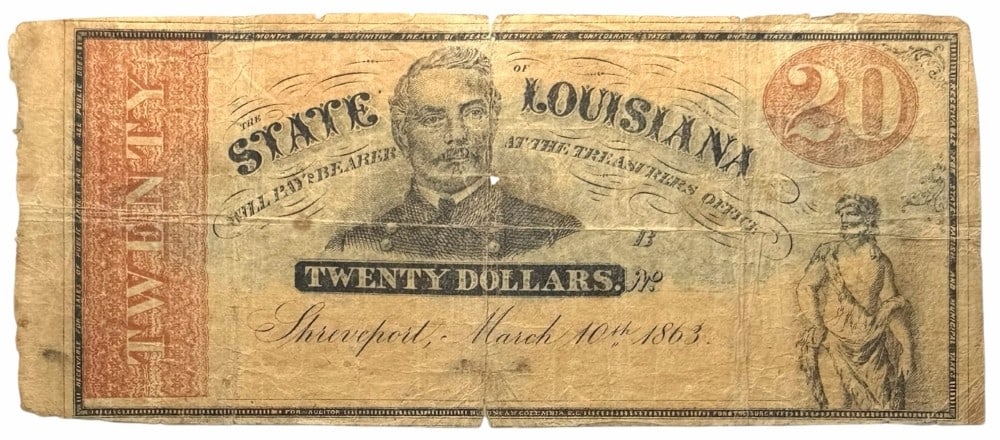 March 10th, 1863 Civil War State Of Louisiana $20 Note (1 of 4)