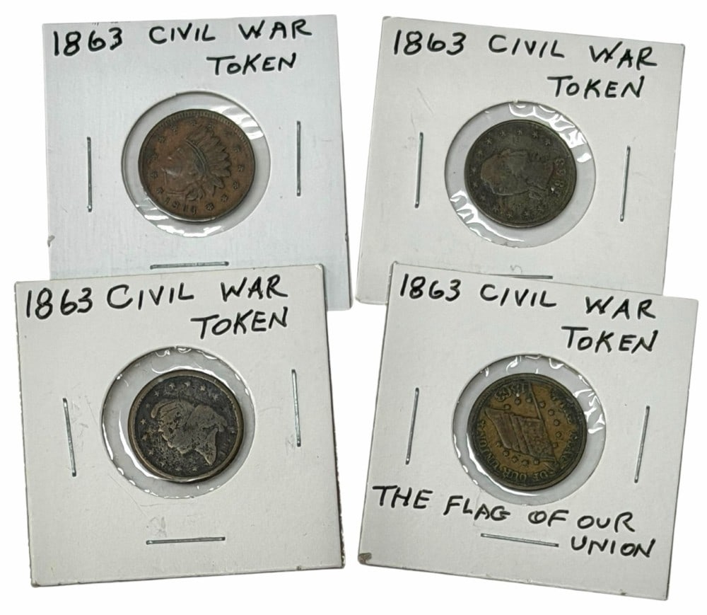 Lot Of Four 1963 Mixed Civil War Tokens: Lot Of Four 1863 Mixed Civil War Tokens. The subjects include Not One Cent, No Compromise With Traitors, Peace Forever, & Army and Navy. Mixed conditions.