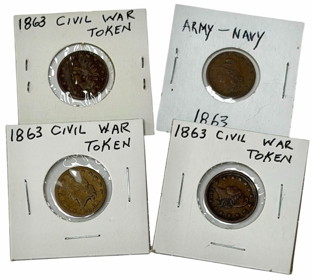 Lot Of Four 1863 Mixed Civil War Tokens: Lot Of Four 1863 Mixed Civil War Tokens. The subjects include Army and Navy & Indian Head. Mixed conditions.