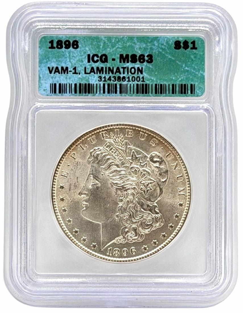 1896 U.S. Morgan Silver Dollar ICG MS 63 VAM-1: 1896 United States Morgan Silver Dollar graded MS 63 VAM. 1 Lamination by ICG.