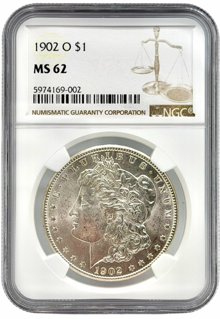 1902-O U.S. Morgan Silver Dollar NGC MS 62: 1902-O United States Morgan Silver Dollar graded MS 62 by NGC.