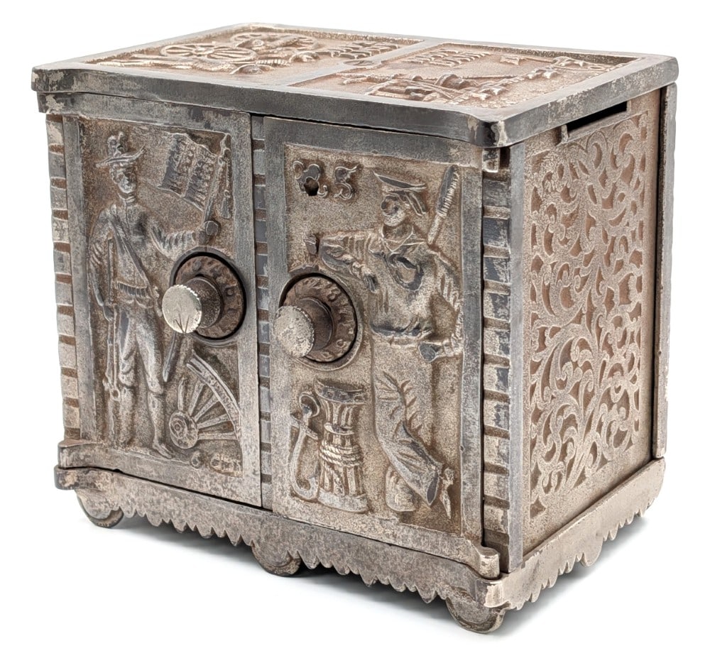 Kenton Cast Iron Army - Navy Double Door Safe Still Bank: Kenton cast iron Army / Navy safe still bank. The bank displays very well overall with Navy and Army images embossed on the doors and top. The bank has some plating loss and wear from use and age. Mea