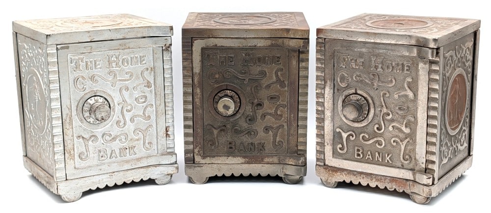 (3) Wing Manufacturing Co. The Home Bank Cast Iron Still Safe Banks (1 of 9)