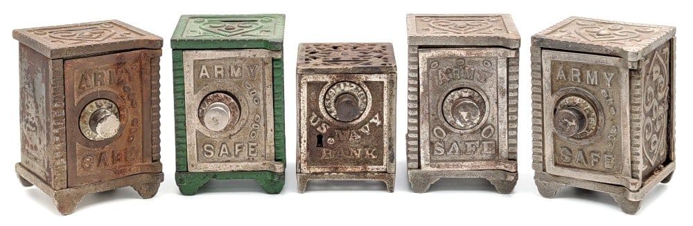 (4) Cast Iron Army Safe Banks & (1) U.S. Navy Safe Bank (1 of 19)