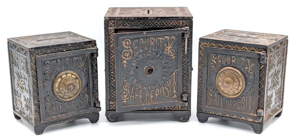 (3) Cast Iron Security Safe Deposit Banks (1 of 12)