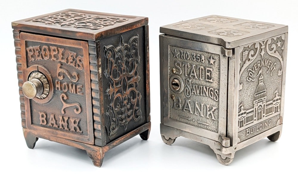 Mudd Mfg. Co. Peoples Home Bank and Nicol & Co. No. 358 State Savings Bank: Mudd Mfg. Co. cast iron Peoples Home Bank and Nicol & Co. No. 358 State Savings Bank. The Nicol bank has the key and the Mudd bank has the combo written on the bottom. Both show wear from use and age.