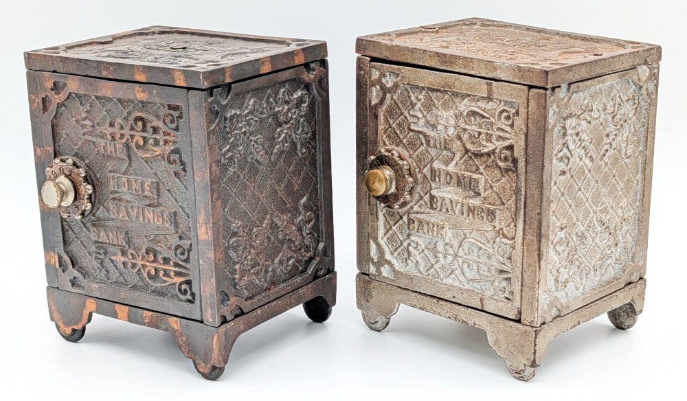(2) Kenton Cast Iron The Home Savings Banks: (2) Kenton cast iron "The Home Savings Banks" The one bank has a chip in the rear panel. Both show wear from use and age. Both are locked and don't have the combinations. Each measures approximately 5