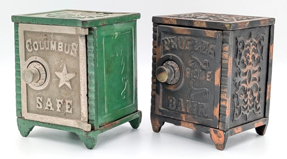 Mudd Mfg. Co. Peoples Home Bank and Columbus Safe Bank: Mudd Mfg. Co. electroplated cast iron Peoples Home Bank and unmarked cast iron and tin sheet metal Columbus Safe bank. The Columbus Safe is open and the Peoples Home bank is locked with no combination