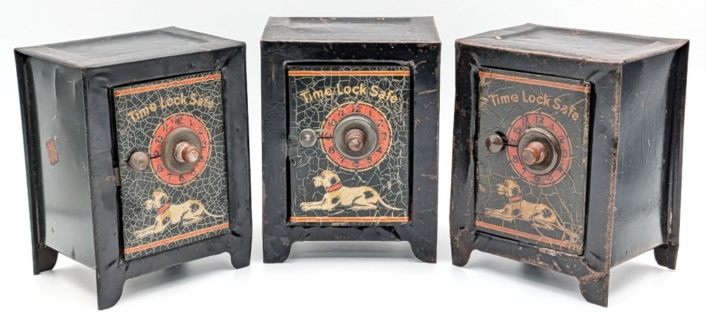 (3) Time Lock Safe Tin Bank's with Dog Graphics (1 of 11)