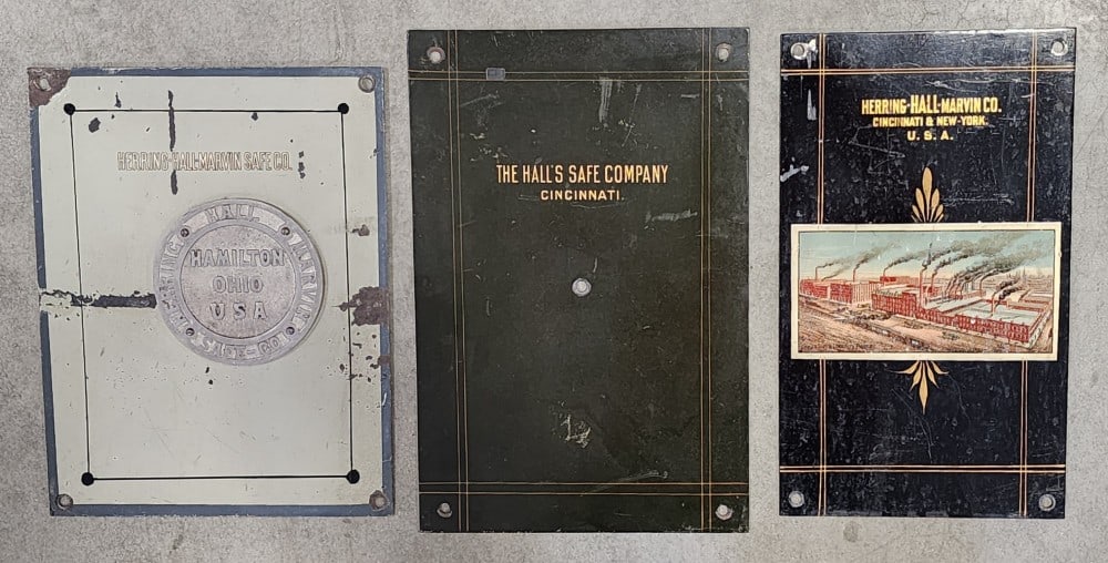 3 Herring-Hall-Marvin Safe Co Safe Door Panels: Door panels feature hand painted borders. 1 panel includes a door plaque. Worn and scuffed due to age and handling. Biggest panel measures approximately 10_" X 13_"