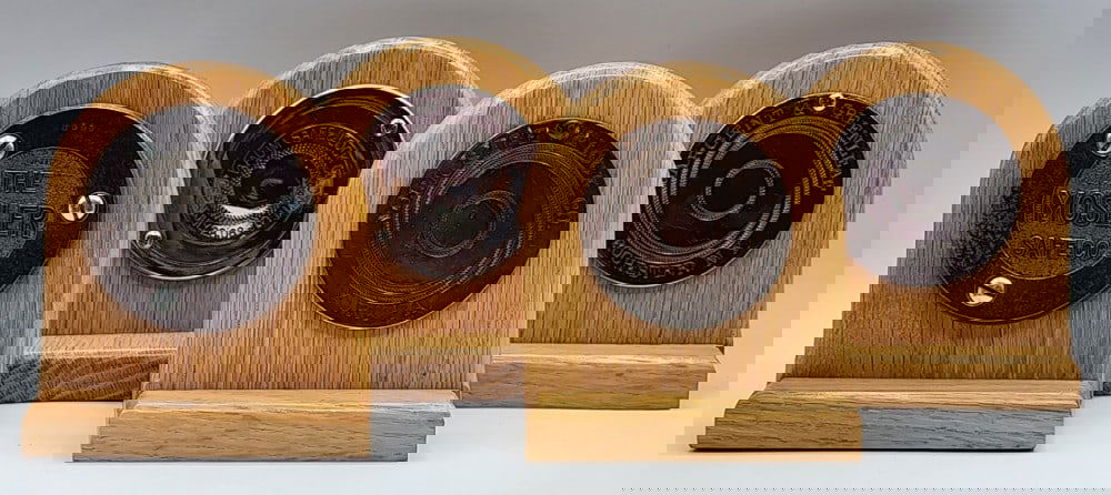 4 Cast Metal Safe Mechanism Door Plaques Mounted On Wooden Stands: Brands include The Mosler Safe Co, York Safe & Lock Co, J. Baum Safe & Lock Co and more. Light wear on metal due to age and handling. Biggest stand measures approximately 4_" X 3" X 5_"