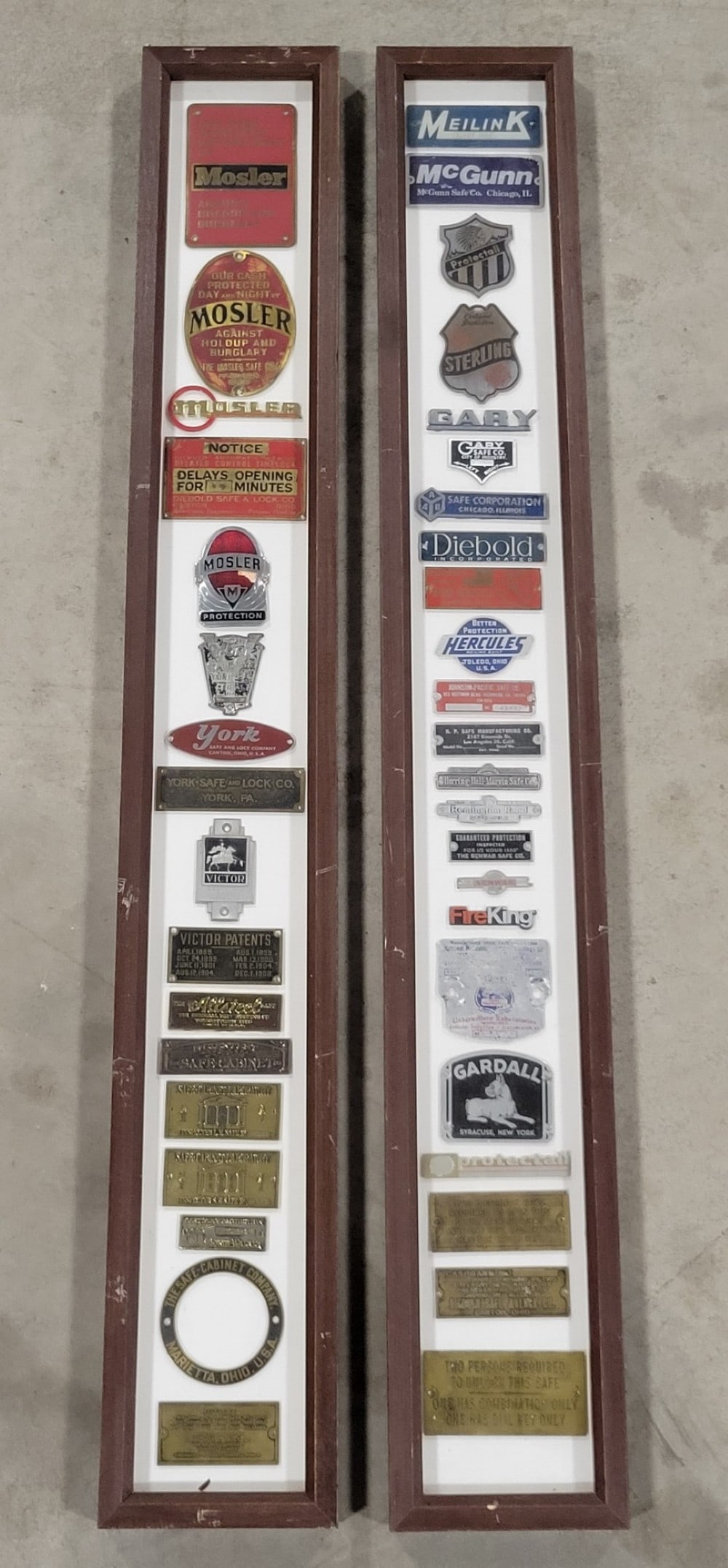 Framed Collection Of Safe And Lock Company Emblems: Brands include Mosler, Gardall, Victor and more. Total Of 40 emblems. Light wear due to age and handling. Frames measure approximately 5_" X 1_" X 41"