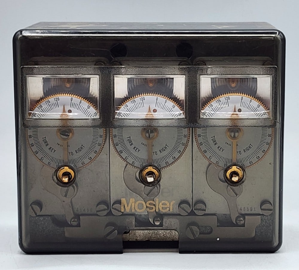 Mosler Bank Vault Time Lock Mechanism: Marked 37951. Lock uses 3 independent watch mechanisms to lock the safe at certain times. Light wear on time lock due to handling. Does not include a key. Measures approximately 6" X 3" X 5"