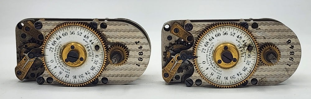 2 The Yale & Towne Mfg Co 72-hr Time Lock Movements: Yale & Towne is a company from Stamford, Connecticut. Stockwells' Patent July 19th, 1892. Time locks use independent watch mechanisms to lock the safe at certain times. Marked 19846 and 19847. Light w
