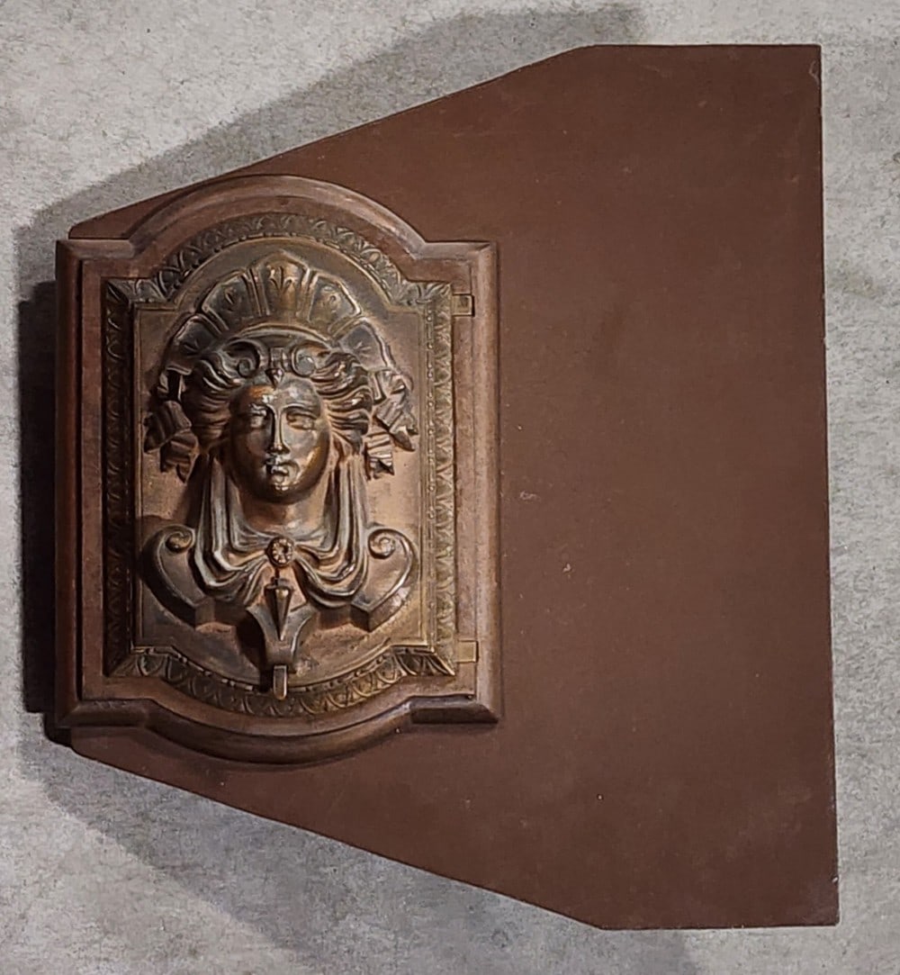 Herring-Hall-Marvin Safe Co Large Safe Lock Cutout Mechanism: Herring-Hall-Marvin Safe Co is a company from Hamilton, Ohio. The cutout features a decorative bronze safe lock cover and dial combination lock. The handle is marked 124380. Metal is worn due to age a