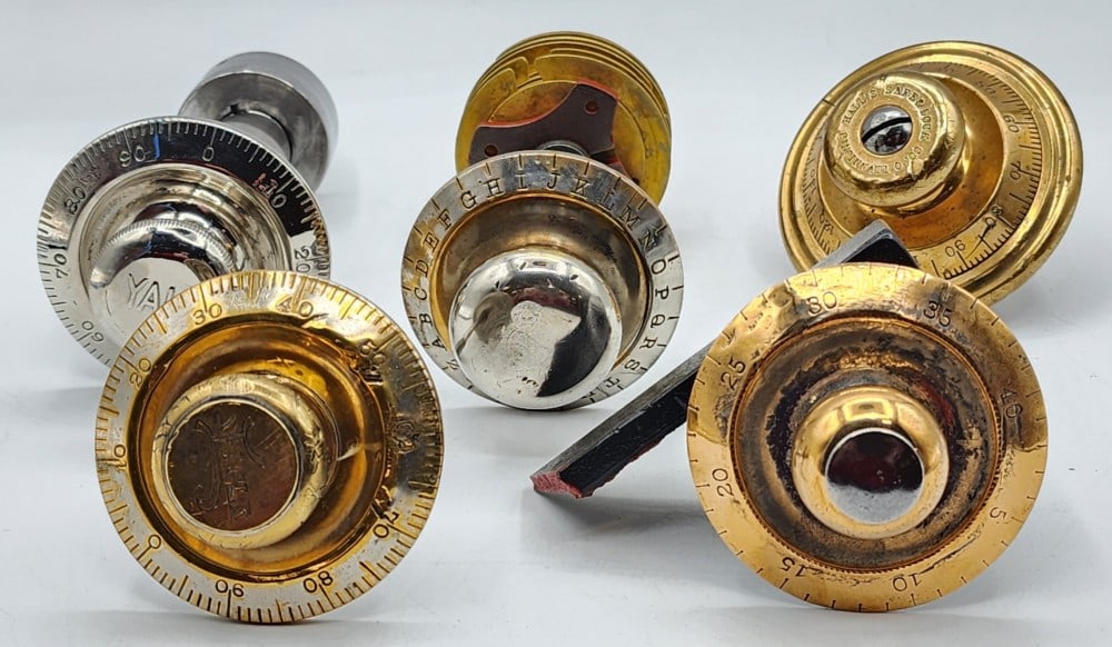 5 Safe Combination Lock Dial Mechanisms: Brands include Yale, Hall's Safe & Lock Co, Eagle and more. Dials are marked 1-40, 0-99, 1-130 and A-Z. Metal is worn due to age and use. 3 include part of the mechanisms, 1 has a broken piece of cast