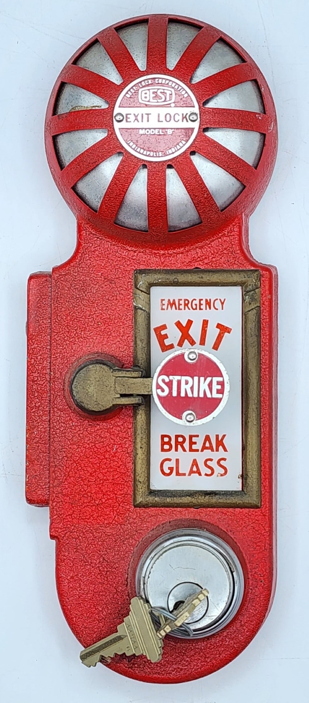 BEST Lock Corporation Model B Exit Lock: Best Lock Corp is a company based in Indianapolis, IN but founded in Seattle, WA. The lock is made of cast metal. Includes Keys. Measures approximately 4_" X 2_" X 11_"