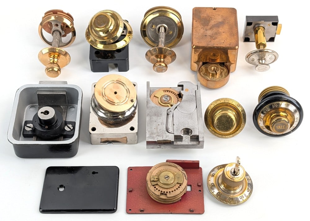 Antique Combination Safe Dials, Mechanisms, & Other Parts: Include various brands like Yale, Beard & Bros, and other unmarked or unknown makers.
