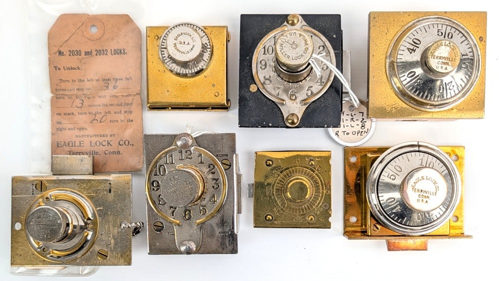 Antique Combination Safe Dials: Brands include mostly Eagle and Miller. Some of the locks come with tags with the combination.