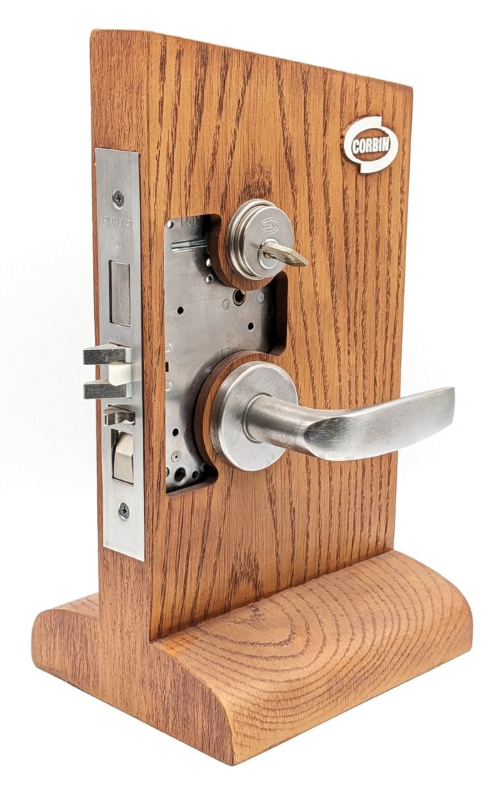 Corbin Cut Away Door Mechanism Lock Salesman Sample: Display is in nice condition with light wear from display. Overall measures 8-1/2in wide x 6-1/2in deep x 14in tall.