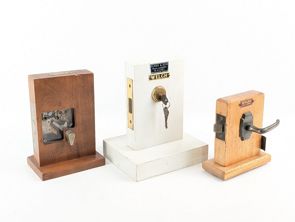 Yale, Schlage, & Welgh Lock Displays: Displays are in nice condition with light wear from display. Largest overall measures 8in wide x 6-1/2in deep x 10in tall.