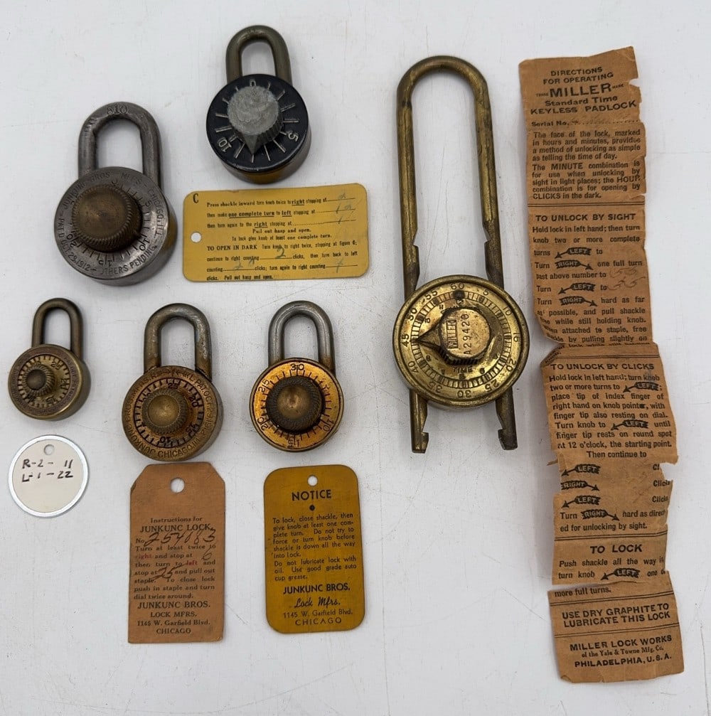 Junkunc Bros & Miller Dial Combination Padlocks: Locks are all in various aged conditions with dings and wear from use and age. All but one lock comes with the combination.