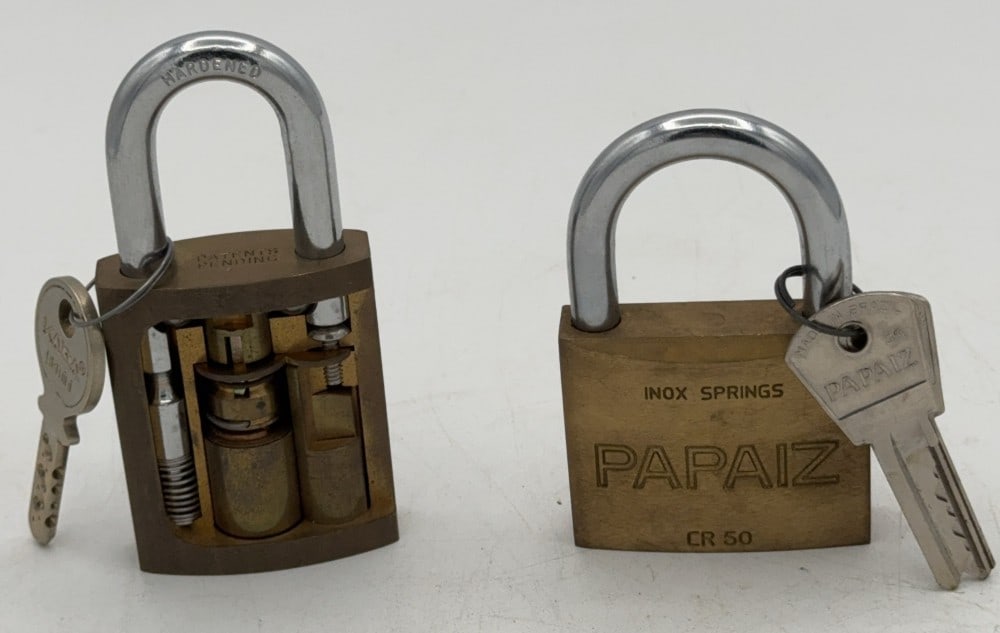 Papaiz CR50 & Kaba Gemini Cut Away Padlock Salesman Samples: Locks are in good condition with scuffs and wear from age and handling. Largest measures 3-3/4in long.