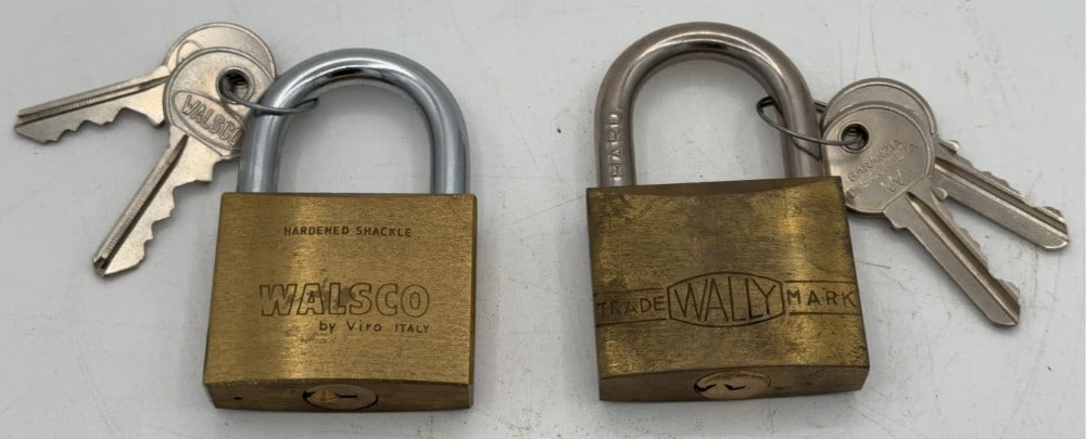 Walsco Wally Cut Away Padlock Salesman Samples: Locks are in good condition with scuffs and wear from age and handling. Both comes with the keys. Largest measures 3in long.