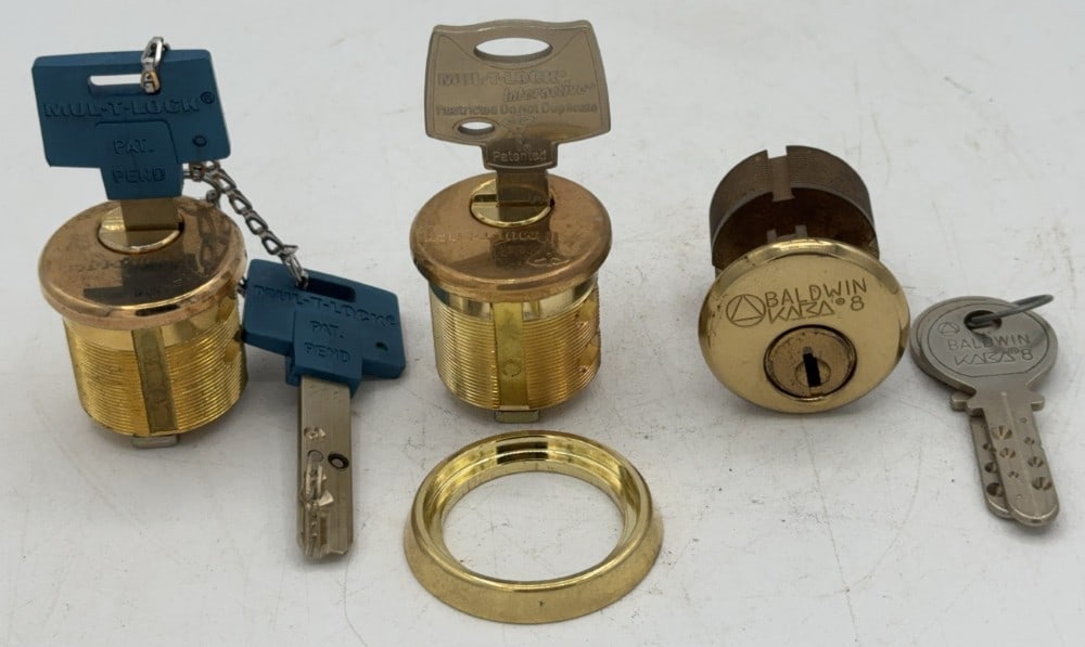 Mul-T-Lock & Baldwin Kaba Lock Tumbler Cut Away Salesman Samples: Locks are in good condition with scuffs and wear from age and handling. Locks come with keys.