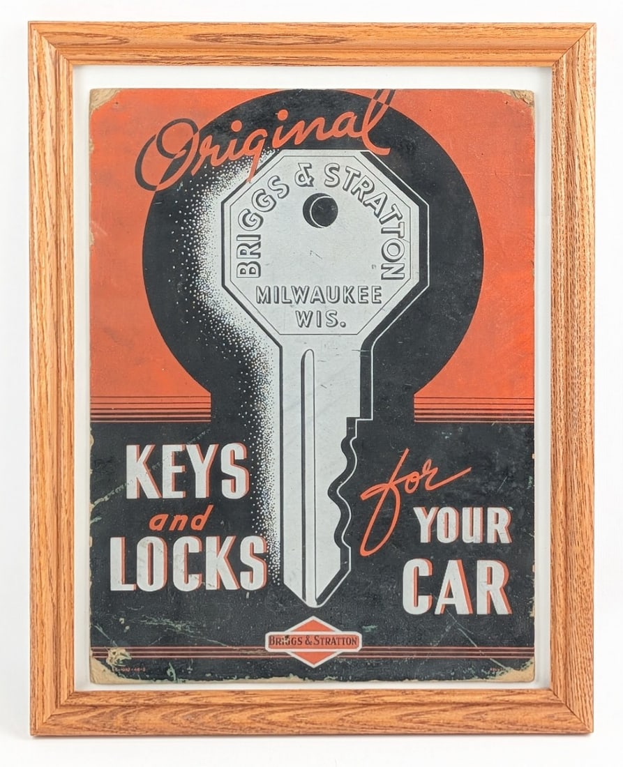 Briggs & Stratton Keys & Locks Framed Catalog: Piece is in nice aged condition with tears and wear on the corners and edges with a nice patina. Frame measures 11-1/4in x 14-1/4in.