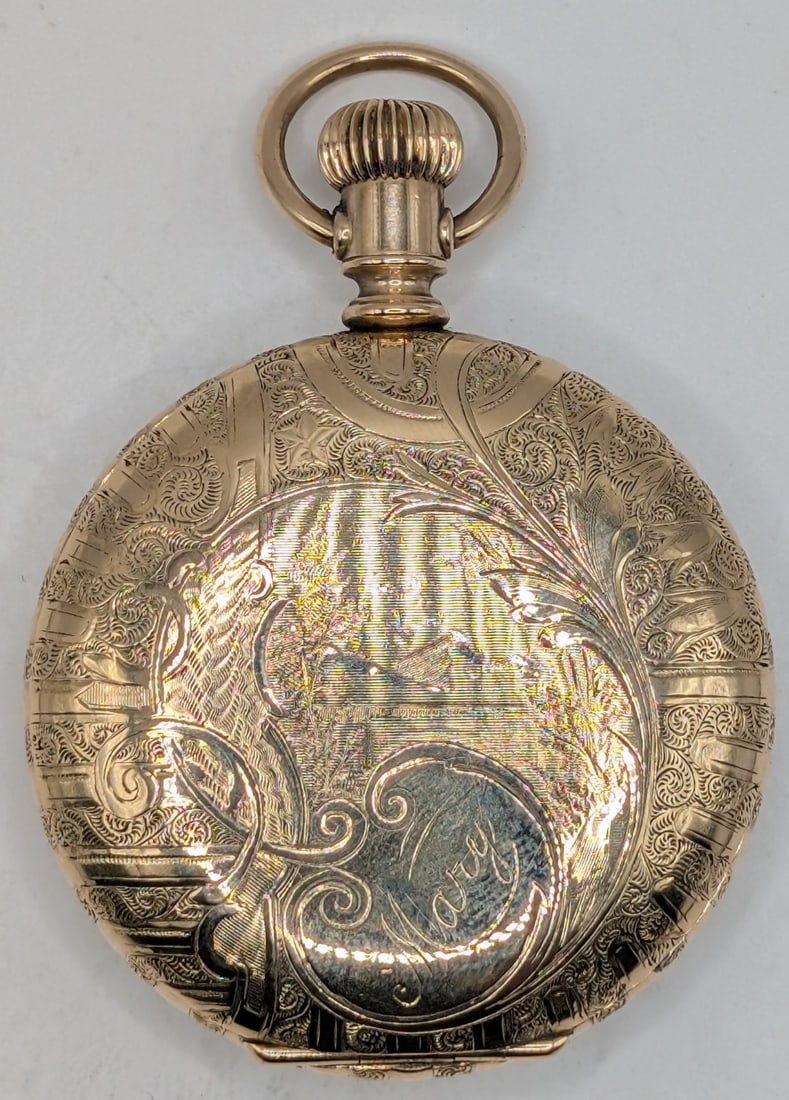 1894 14k Yellow Gold Waltham Grade "W" 6 Size Hunting Case Pocket Watch: 1894 14k Yellow Gold Waltham Grade "W" Pocket Watch. The 11 jewel size 6 hunting case watch is in nice used condition (monogrammed Mary) and is running well. Comes in a Fahys Monarch 14k gold case, ha