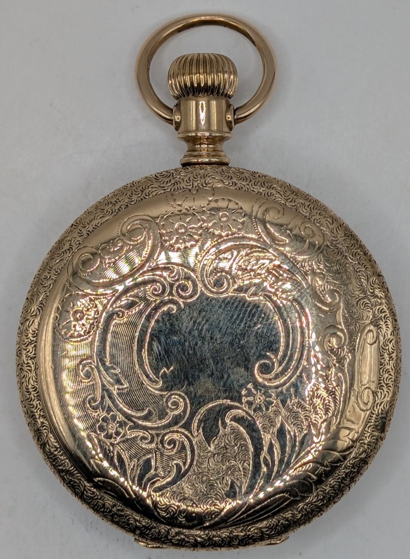 1899 14k Yellow Gold Waltham Grade "J" 6 Size Hunting Case Pocket Watch: 1899 14k Yellow Gold Waltham Grade "J" Pocket Watch. The 7 jewel size 6 hunting case watch is in good used condition, not running. Comes in a Fahys Monarch 14k gold case, the face is clean. Total weig