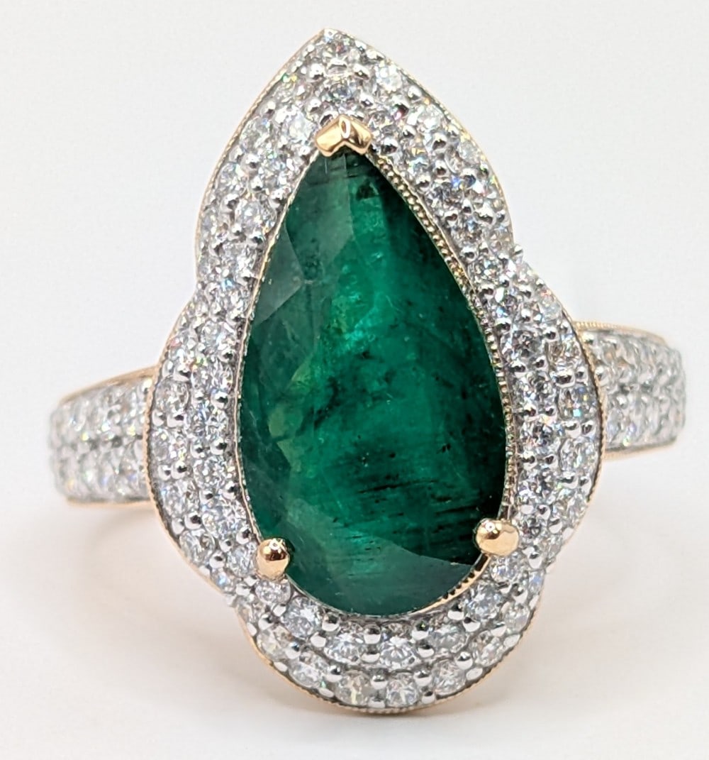 Platinum Pear Cut Russian Emerald & Diamond Halo Ring (1 of 6)