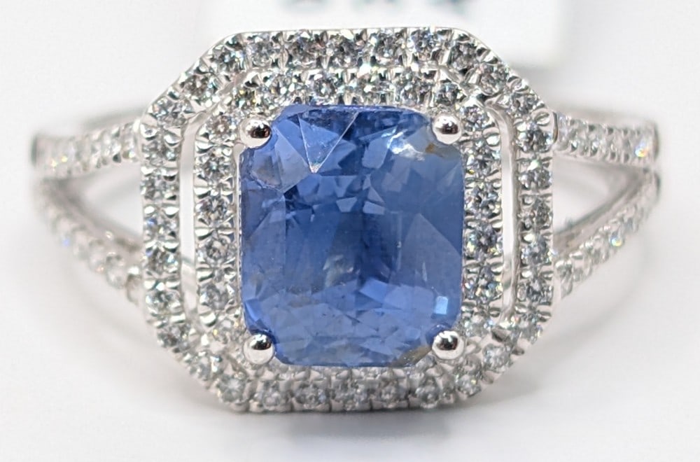 Platinum Oscar Friedman Sapphire & Diamond Ring: Platinum designer Oscar Friedman ring with 3.12 CT octagonal natural blue sapphire and (84) round brilliant cut diamonds totaling 0.45 CTS. Ring is size 7 and weighs 5.2 grams. Ring comes with an