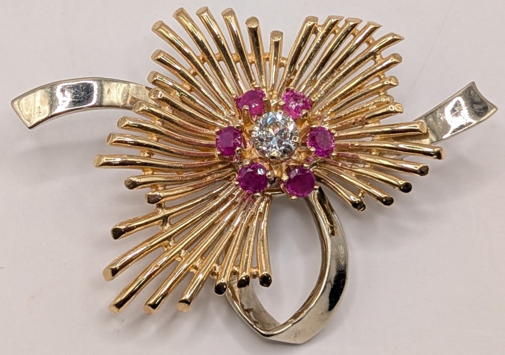14K Gold Diamond & Ruby Burst Brooch (1 of 4)