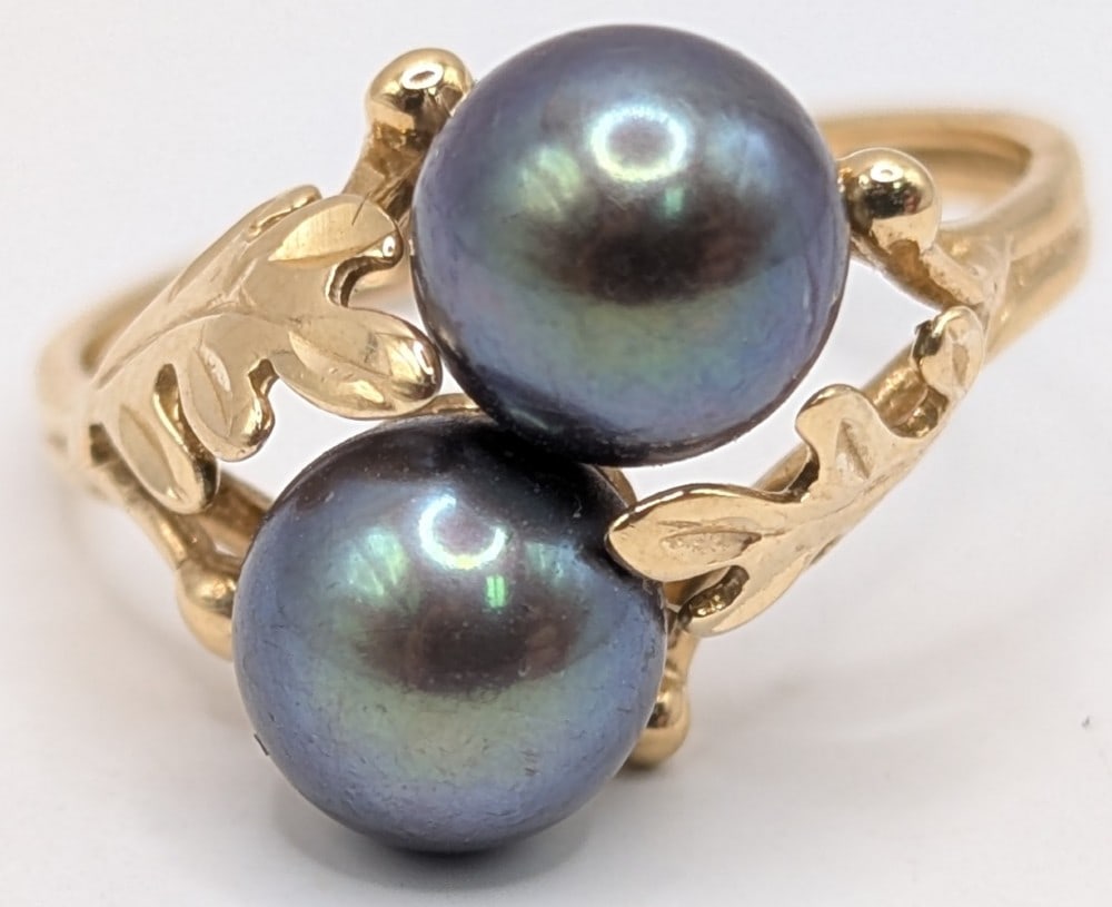 14K Gold Tahitian Pearl Bypass Ring: 14K yellow gold Bypass Ring with two Tahitian pearls. Ring is size 9 and weighs 4.7 grams.