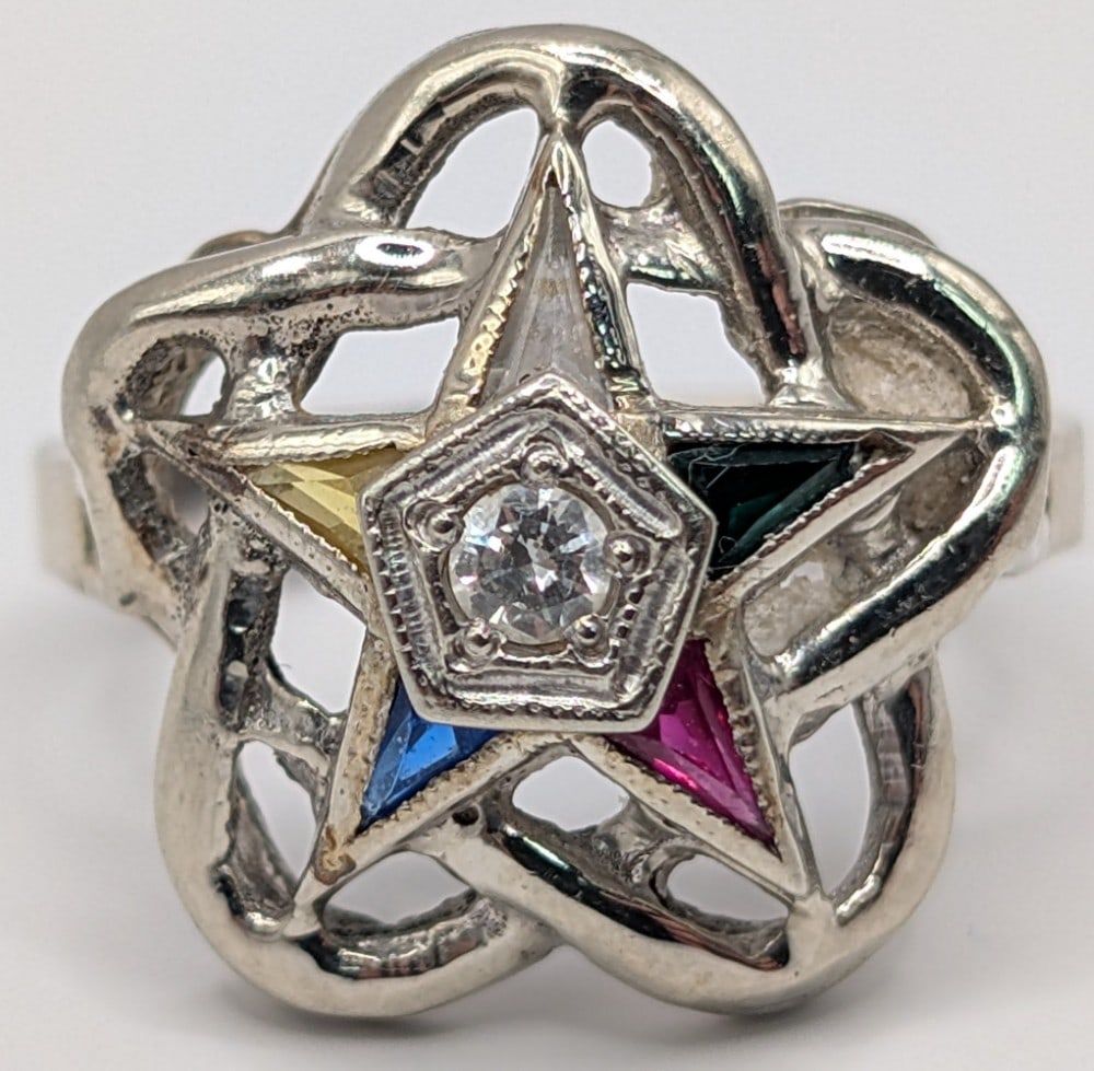 10K Gold Vintage Diamond Eastern Star Ring: Vintage 10K white gold ring with diamond center of Eastern Star. Ring is size 4 and weighs 3.5 grams.