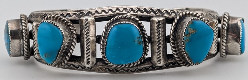 Vintage Sterling Navajo Signed 5 Stone Turquoise Cuff Bracelet (1 of 5)